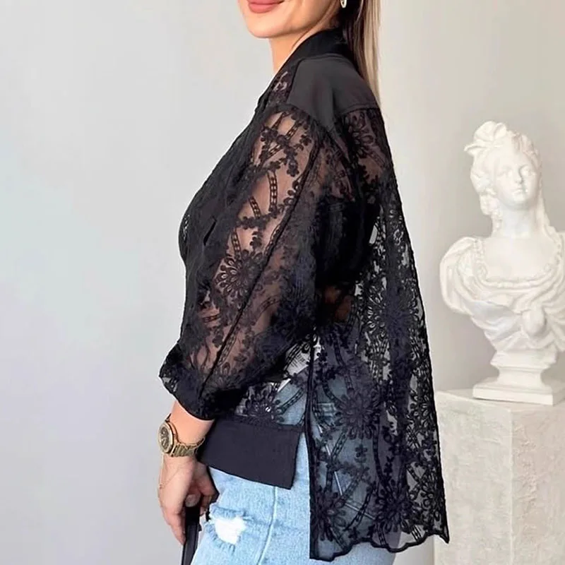 

Autumn Fashion O-neck Long Sleeve Solid Short Jacket Winter Elegant Thin Sun-protective Top Sexy Lace Embroidered Irregular Coat