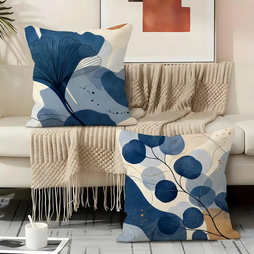Blue Abstract Botanical Art Cushion Cover Natural Linen Organic Fabric Double-Sided Printing Sofa Home Decor Gift Pillow Cover