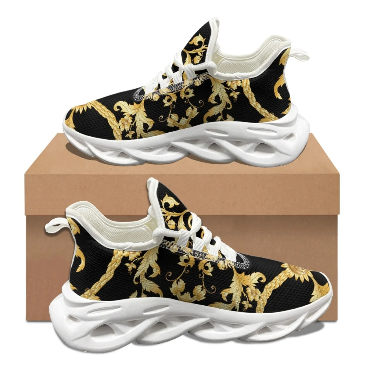 New Fashion Baroque Gold Pattern Female Male Autumn Winter Tennis Shoes Shock Absorption Lightweight Lace Up Breathable Sneakers