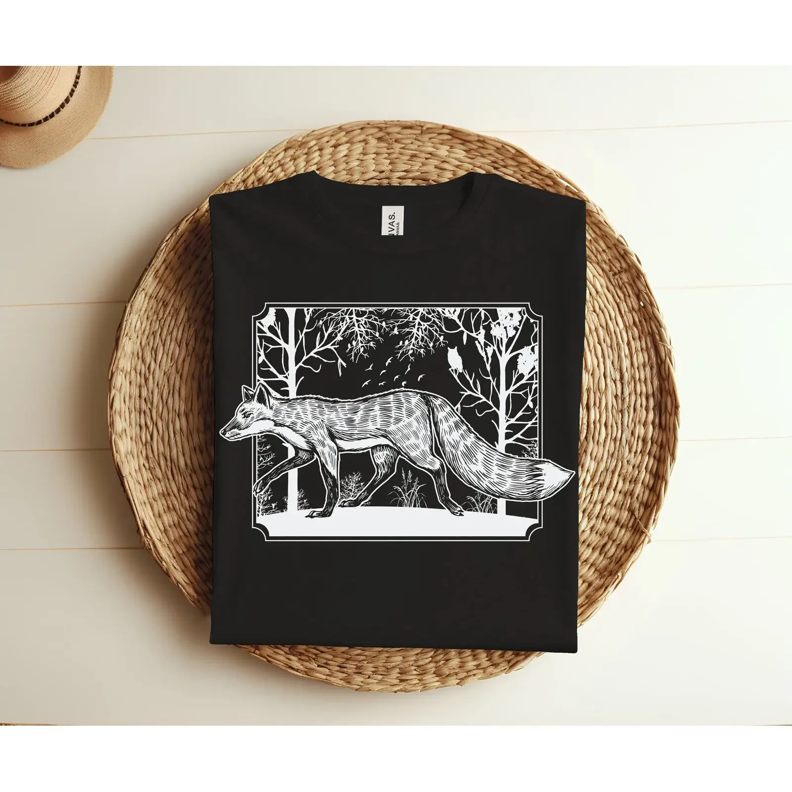Vintage Folklore Fox T Shirt Linoprint Wildlife Cottagecore Forest Animal Bohemian Folksy Art Apparel vintage Washed Unisex