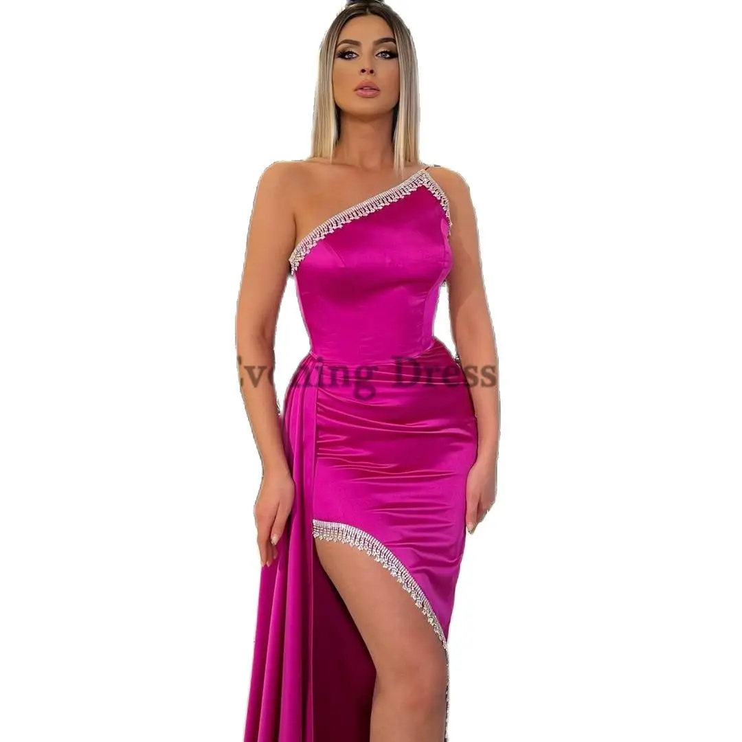 

Sexy Prom Dresses One Shoulder Mermaid Evening Dress 2023 Tassel High Split Saudi Arabia Cocktail Party Gown Plus Size