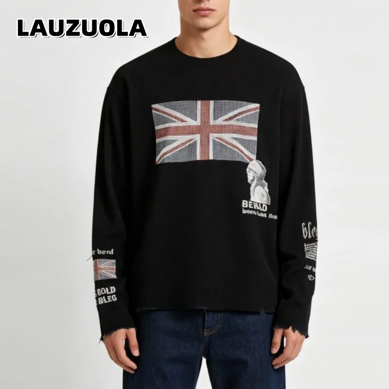 Camisetas de Manga Longa em Malha Waffle para Homens com Estampa de Bandeira Vintage, Tops Casuais Soltos, Suéteres de Manga Longa, Moda de Rua Mascul