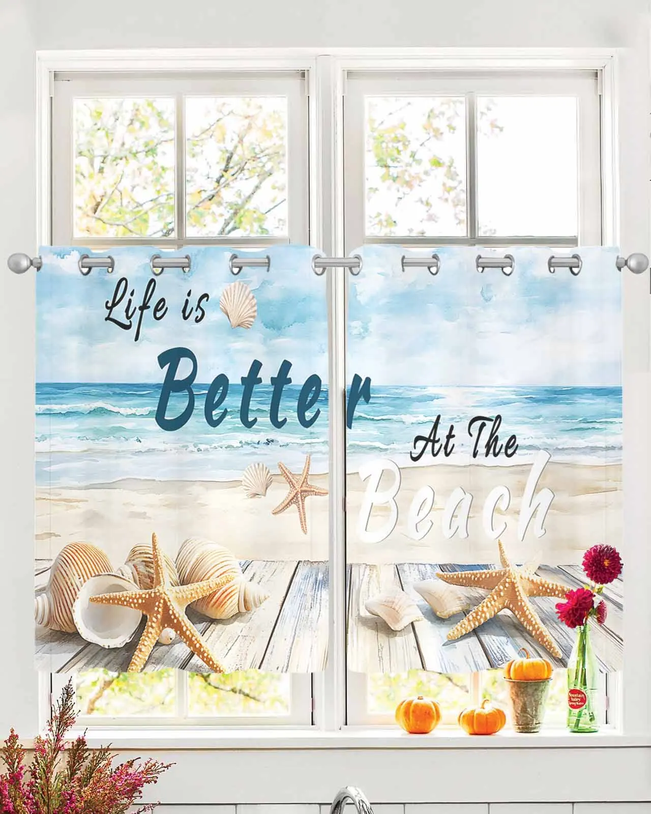

Summer Starfish Ocean Beach Shell Tulle Living Room Decoration Transparent Sheer Curtains Bedroom Kitchen Voile Chiffon Drapes