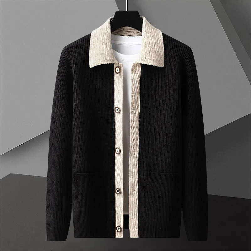 

High Quality Contrasting Colors Patchwork Knitting Cardigan Man Long Sleeve Sweater Cardigan Male Garment Coat Herren Pullover