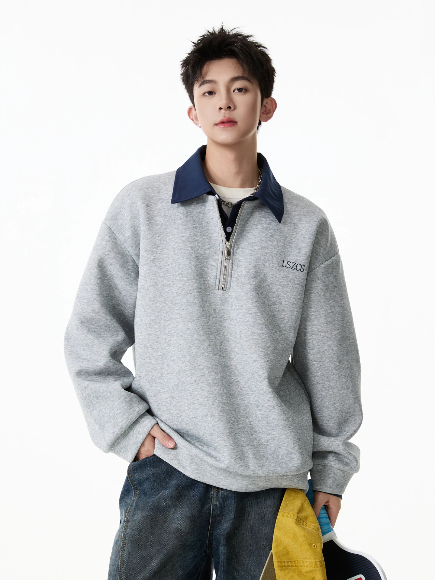 

Американская ретро контрастного цвета, искусственная рубашка-поло из двух частей с длинными рукавами, мужская модная брендовая свободная универсальная рубашка с половиной молнии