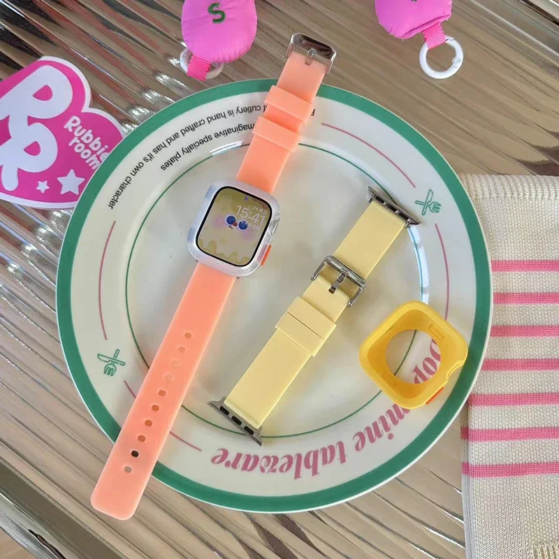 Матовый Силиконовый ремешок для Samsung Watch, аксессуары для часов Apple Watch, ремешок 44 мм, 45 мм, 49, 42, 38, 40, допаминовый браслет для Iwatch Series 7, 6, 5, Se, 8, 9