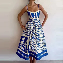 Summer New Women Fashionable Fish And Shrimp Print U-neck Pleated Waist With Large Swing Suspender Dress Sexy Maxi Vestidos Robe