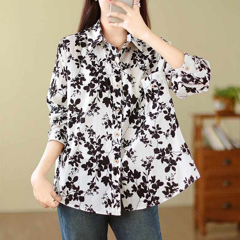 Blusa holgada de manga larga con cuello vuelto para mujer, camisa informal de algodón con estampado de una sola botonadura, novedad de primavera, S07, 2024