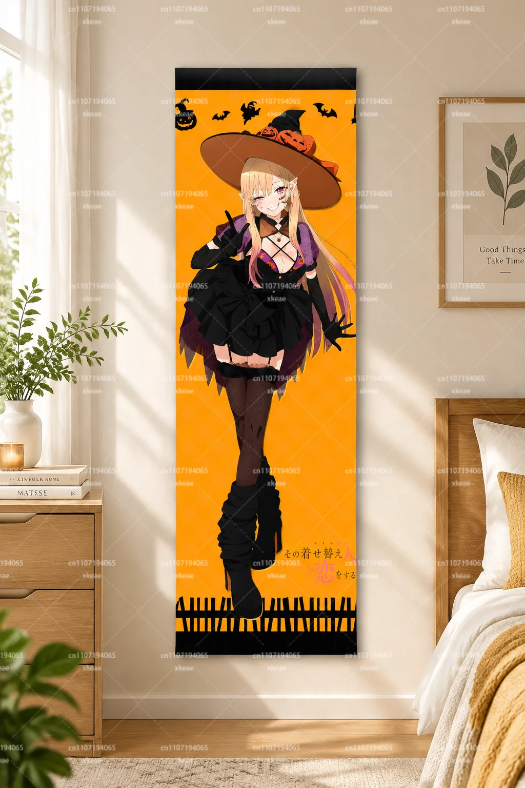 Marin Kitagawa Vertical Tapestry, My Dress‑Up Darling Halloween Witch Girl Wall Hanging, Pumpkin Bat Manga Scroll Cloth Poster,