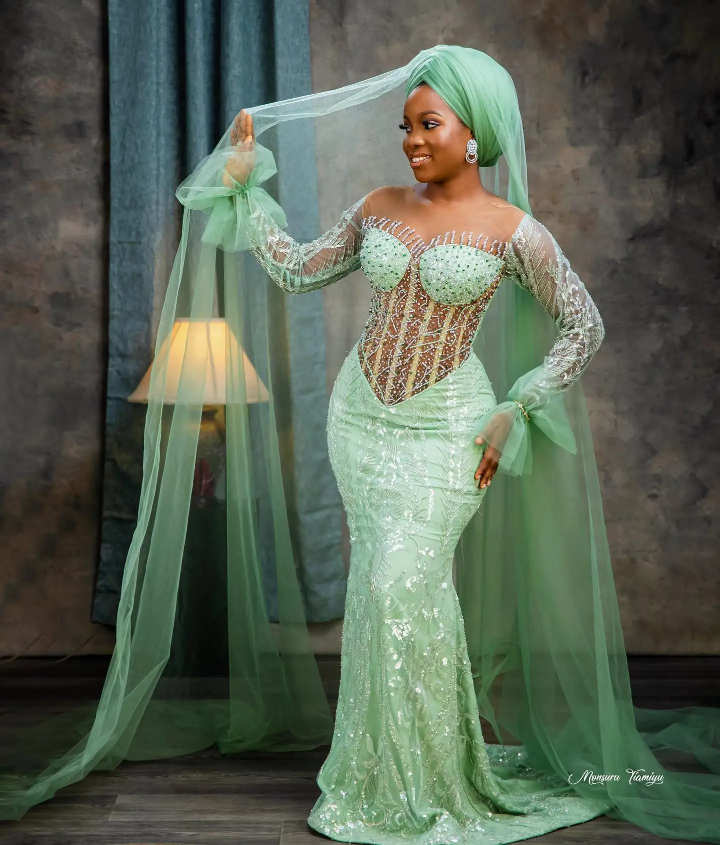 Asoebi Traditional Wedding Bridal Dresses Sparkly Sequined Lace Formal Party Dresses African Wedding Gown Green Beads Prom Dress