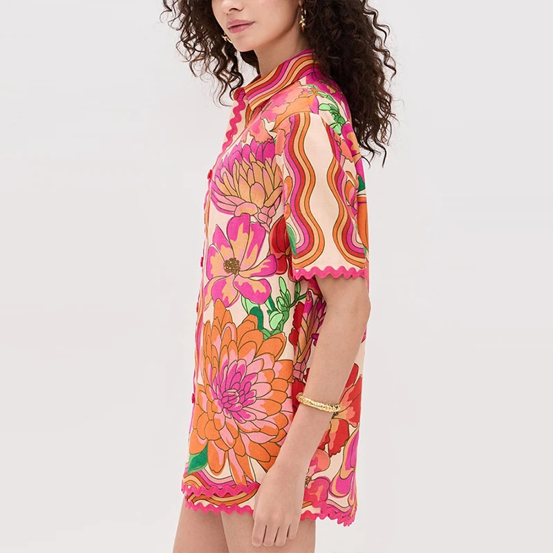 

Рубашки с короткими рукавами и короткими брюками с воротником с лацканами, женские модные свободные наряды с карманами и цветочным принтом, повседневные темпераментные костюмы из 2 предметов