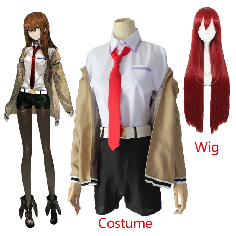 Steins Gate Cosplay Costume Wig Japanese Anime Game Cosplay Kurisu Makise Uniforms Full Set Coat Shirt Tie Skirt Custom Made