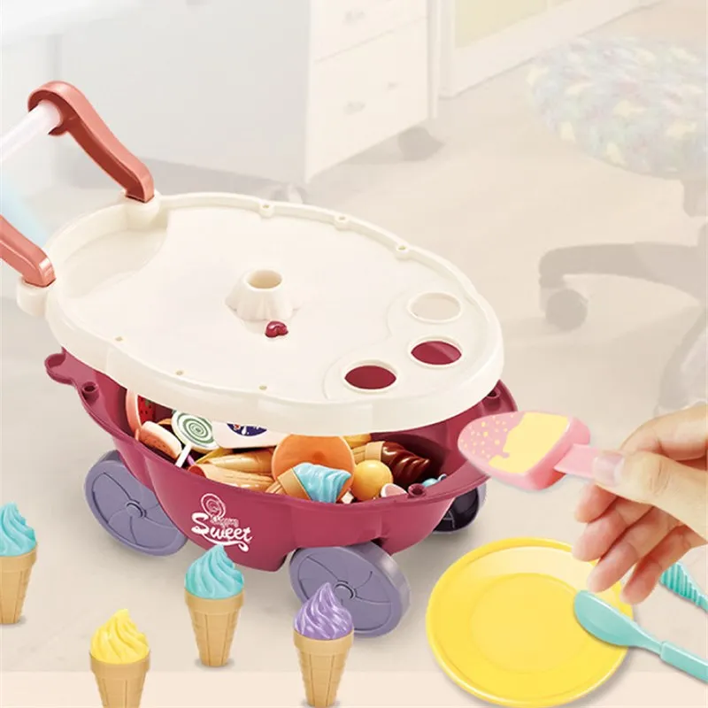 Ice Cream Montessori Toddler Toys Kitchen Toys Pretend Play Food Ice Cream Cart with Storage Trolley Toy Set for Children Gifts