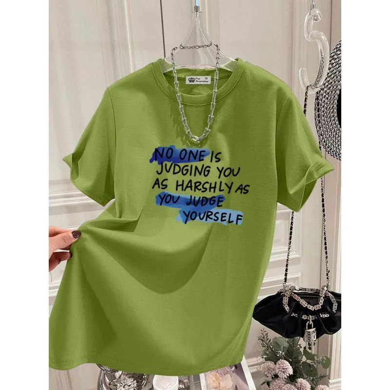 Women's Clothing Chic Hand-Painted Letter Print T-shirt Summer Casual Loose Pure Cotton Short Sleeve Top Tee All-match Pullovers