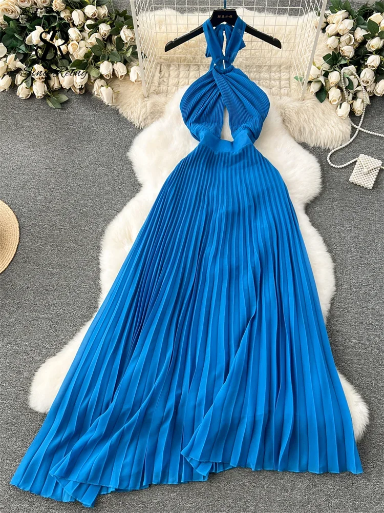 

SINGREINY Vacation Halter Pleated Dress Hollow Out Backless Solid Women Sexy Chic Sundress Irregular Long Beach Party Vestidos.