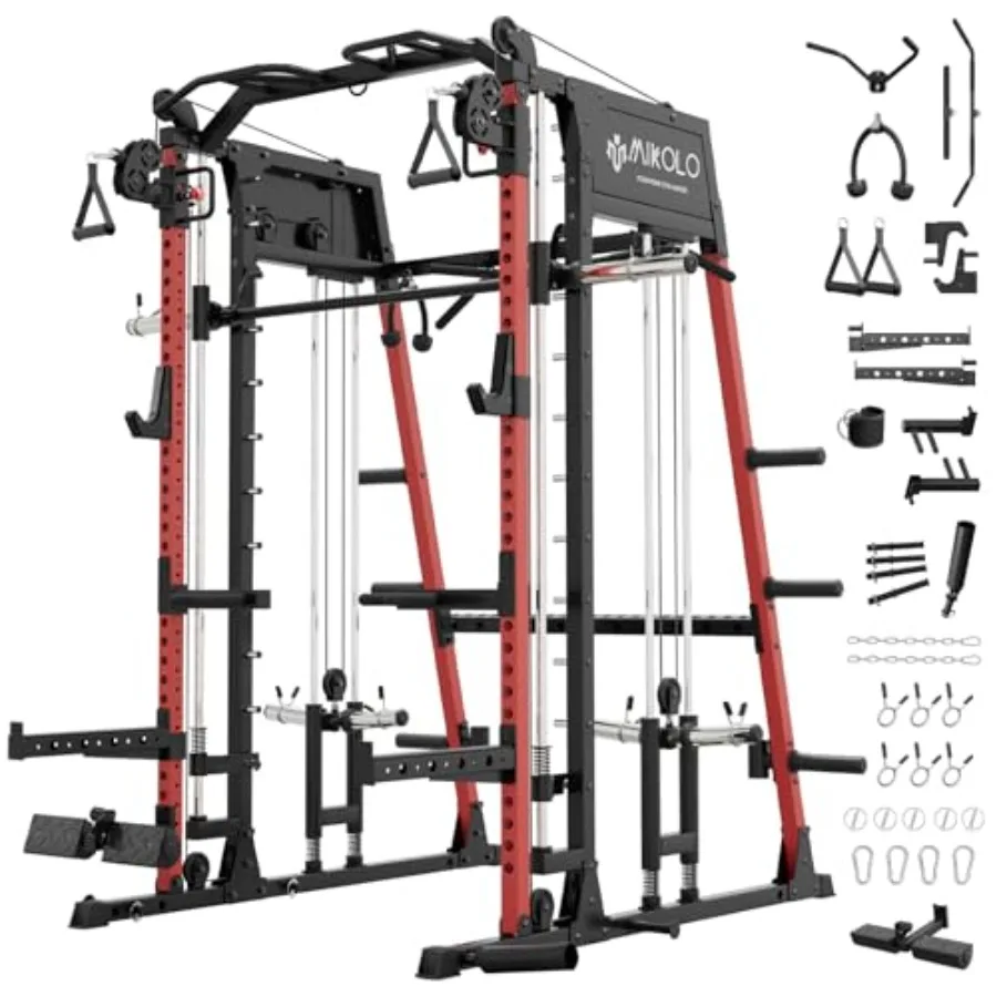 

Smith Machine for home gym use, steel construction, black finish, 2200lbs capacity with LAT-pull down, cable crossover, and leg