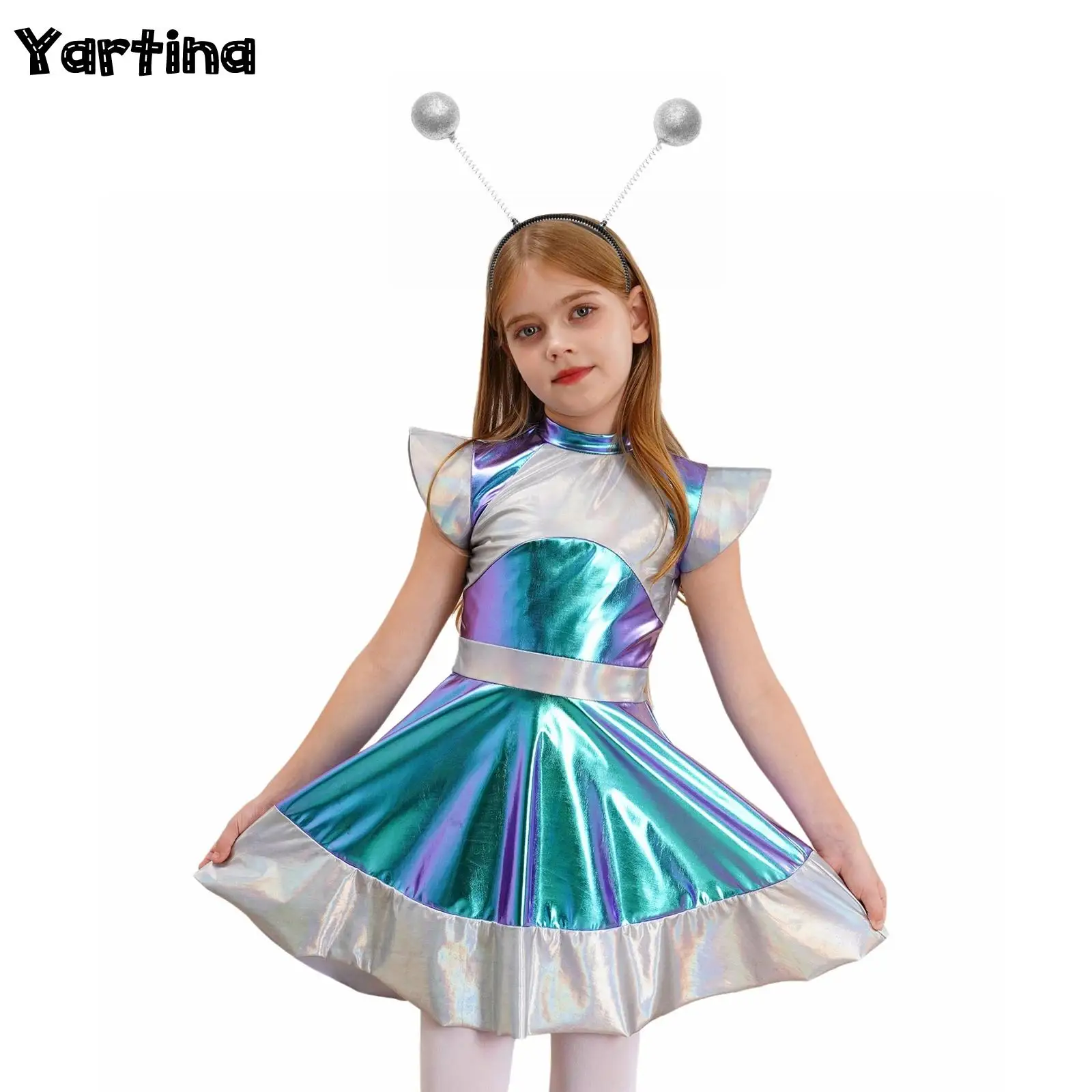 Girls Glossy Metallic Astronaut Outer Space Cutie Alien Dress Robot Astronaut Halloween Alien Cosplay Costume Role Play Clothing