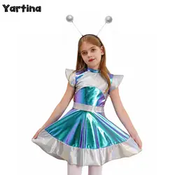 Girls Glossy Metallic Astronaut Outer Space Cutie Alien Dress Robot Astronaut Halloween Alien Cosplay Costume Role Play Clothing