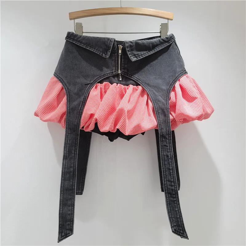 HKSH Letnia Nowa Damska Moda Y2K High Street Oryginalny Design Gorąca Denimowa Łatka Krata Modna Spódnica A-line Bufiasta HK6260