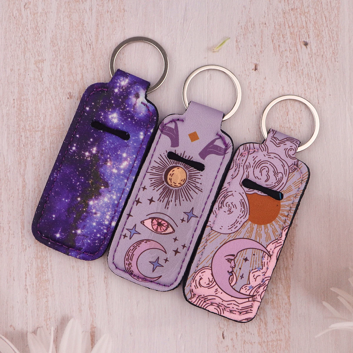 Moon Stars Clip on Lipstick Holder Keychain Print Romantic Starry Keyring Trendy Lip Balm KeyChain Bag Charms Travel Accessories