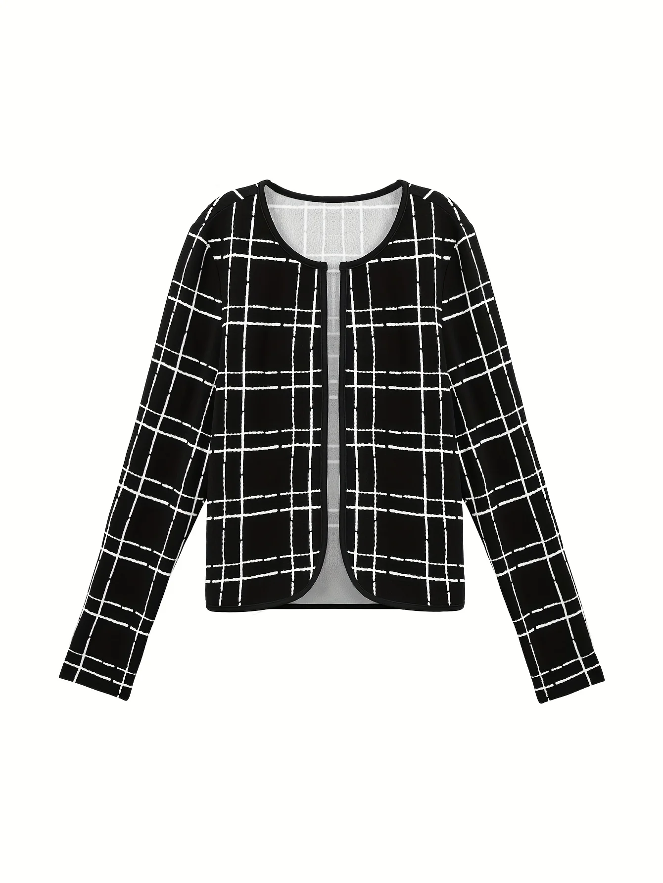 

Women's Black and White Plaid Long Sleeve Open Front Cropped Cardigan - Round Neck Casual Layering Jacket