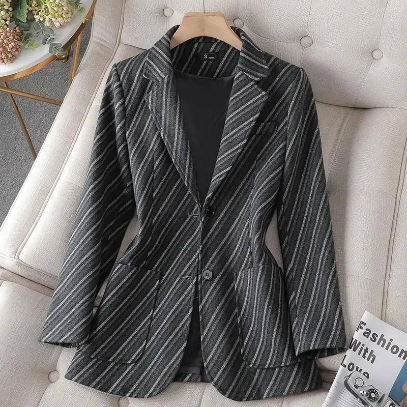 

Blazer Women's Spring Autumn Coats New Korean Elegant Fashion Stripe Suit Office Work Business Blazer Chic Tops Female Outerwear