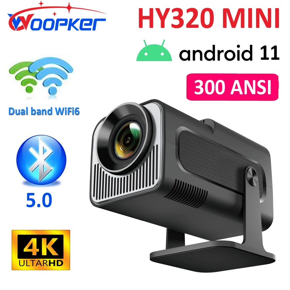

WOOPKER Projector HY320 Mini Native 720P 4K Android11 300ANSI Wifi6 BT5.0 Voice Remote Home Cinema Outdoor Portable Projector