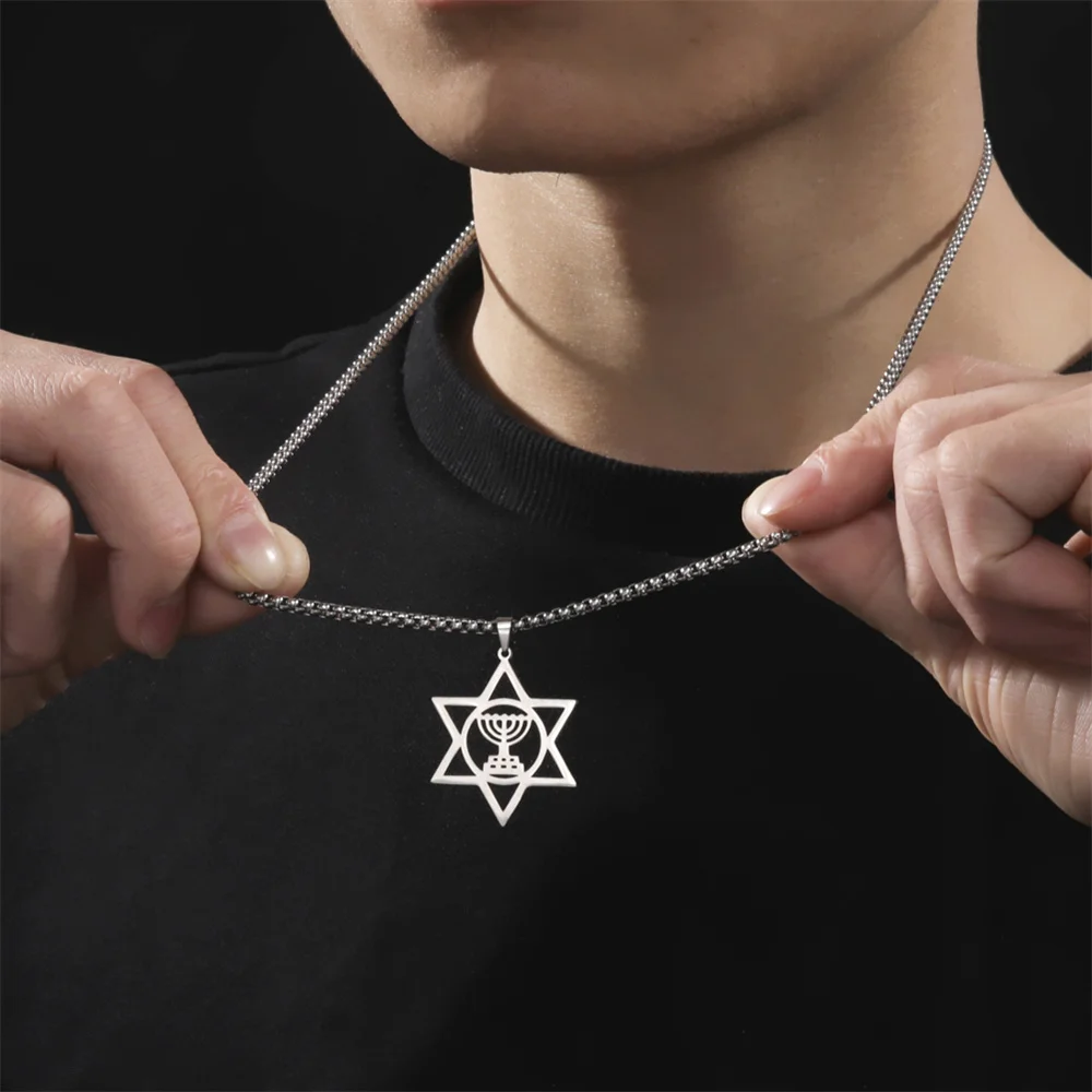 EUEAVAN Jewish Menorah Star of David Pendant Necklace for Men Stainless Steel Judaica Faith Hanukkah Lamp Amulet Jewelry Gifts