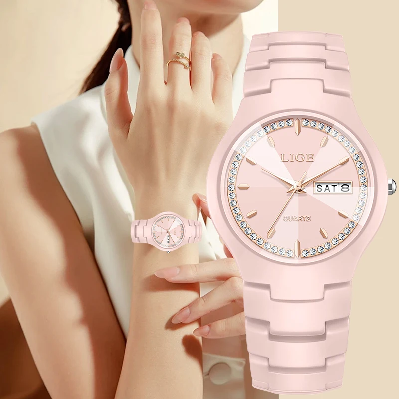 

LIGE Elegant Luxury Woman Watch Casual Ceramics Strap Simple Waterproof Date Week Quartz Ladies Bracelet Gift Women's Wristwatch