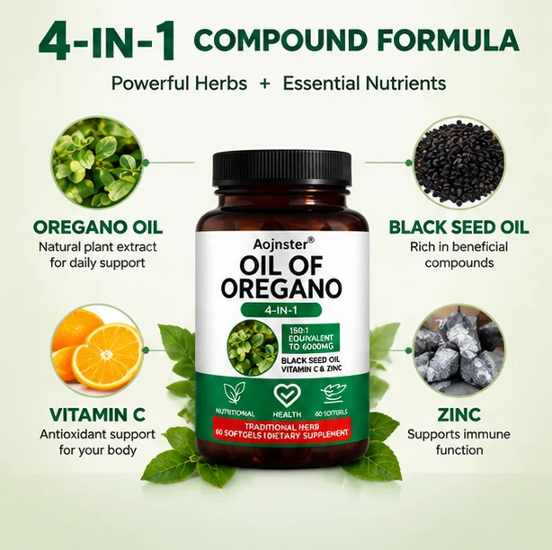4-in-1 Oil of Oregano Softgels, Blend with Black Seed Oil, Vitamin C & Zinc, Traditional Herbal Dietary Supplement, 60 Count