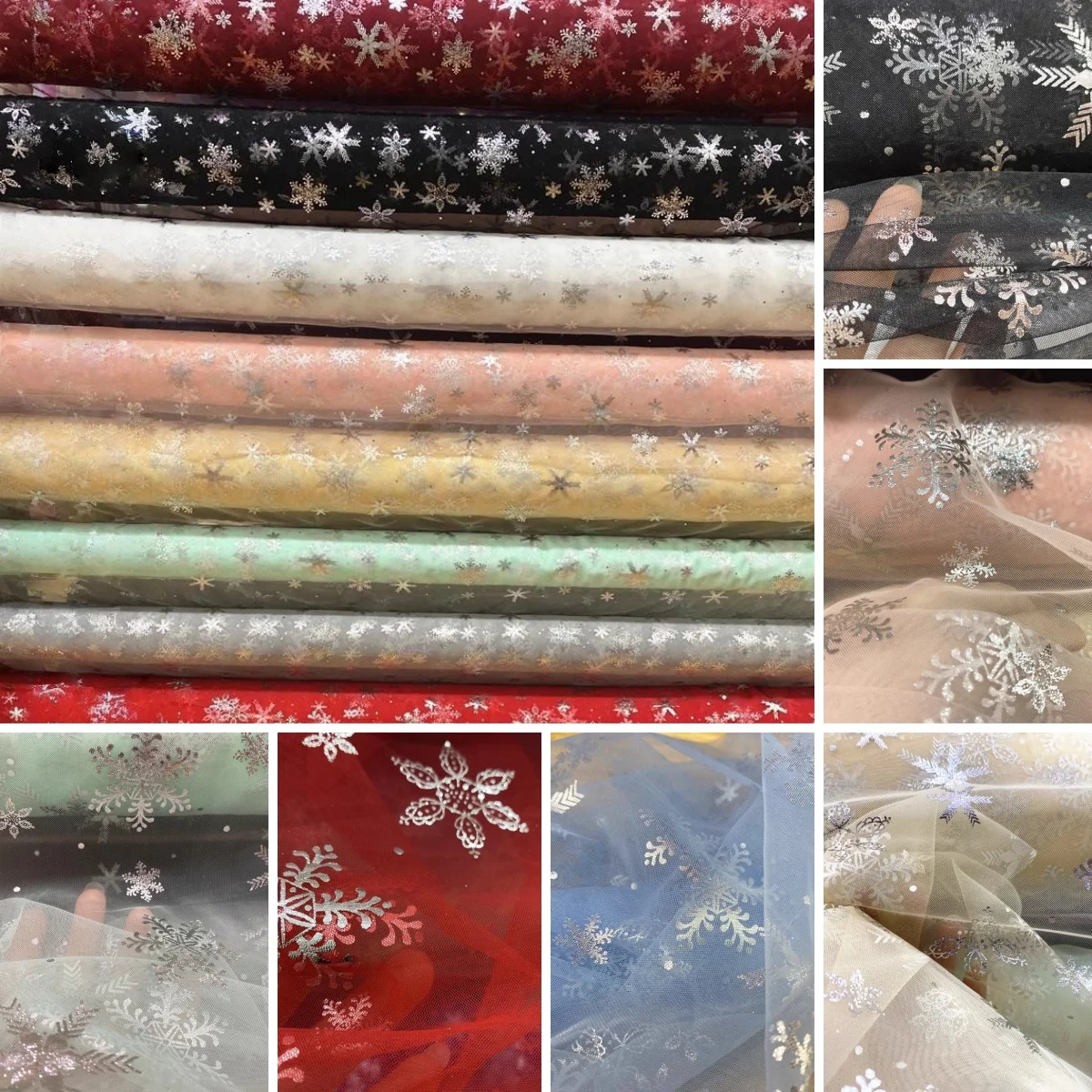 

Soft silver embossed snowflake pattern mesh fabric sewing children's fluffy skirt diy curtains Gift packaging Headwear