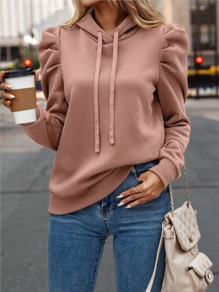 Fashion Solid Color Hoodies Female Autumn Winter New Casual Puff Sleeve Hooded Sweatshirt For Women Y2k Elegant Loose Tops