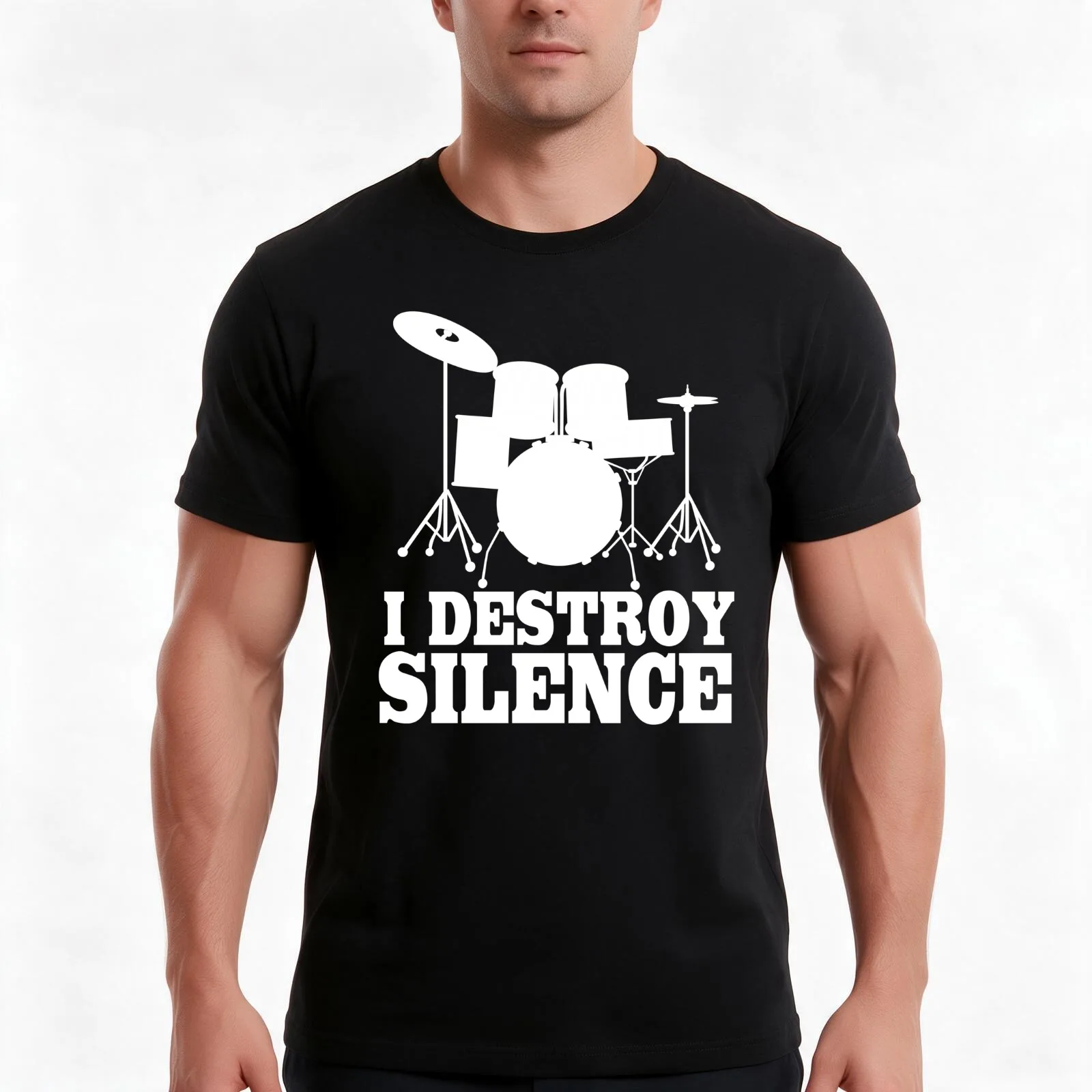 I Destroy Silence Drum Drummer T-Shirt, Summer Casual Cotton Tee, Oversized Streetwear Tops, Vintage Graphic Print, 100% Cotton
