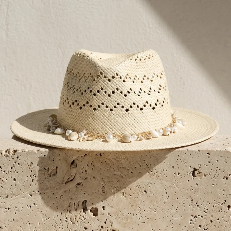 Boho Summer Straw Hat for Women Breathable Hollow Out Panama Fedora Beach Sun Hat with Sea Shell Pearl Chain Wide Brim Sunscreen