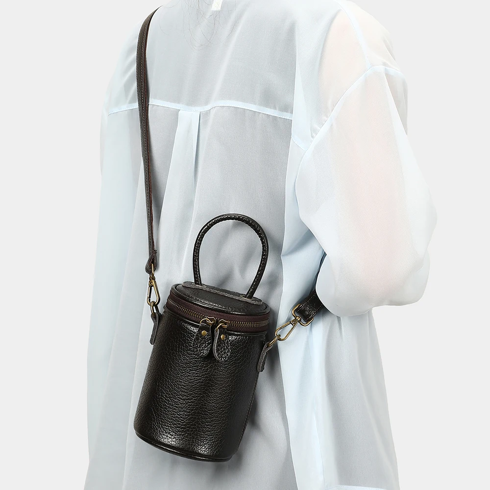 Women Genuine Cowhide Barrel Bucket Bag Vintage Leather Handbag Detachable Strap Crossbody Purse for Daily Casual Use