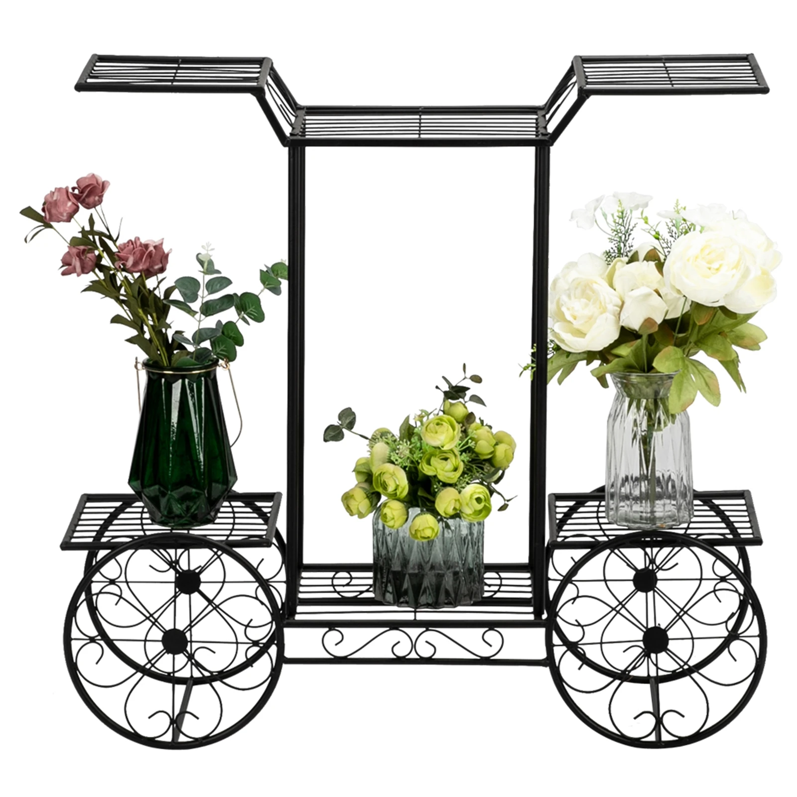 Soporte para 6 plantas con forma de coche de pintura, negro, estante para plantas de madera multiusos, resistente, ideal para decoración de jardín interior, diseño que ahorra espacio