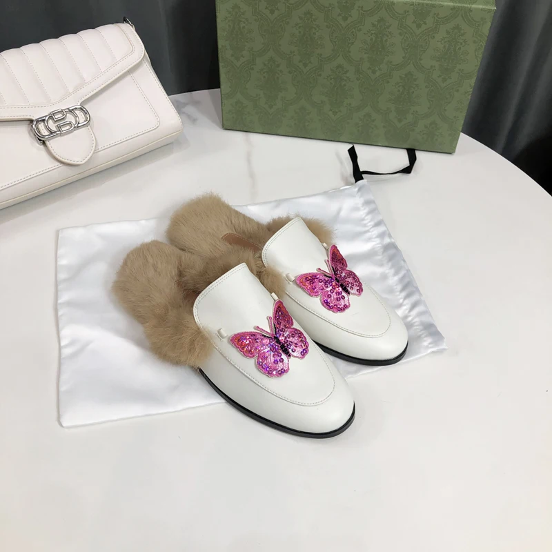 Embroider Bear Cartoon Soft Casual Real Fur Mullers Sandals New Slipper Women leather Flat Backless Loafers Ladies Outdoor shoes