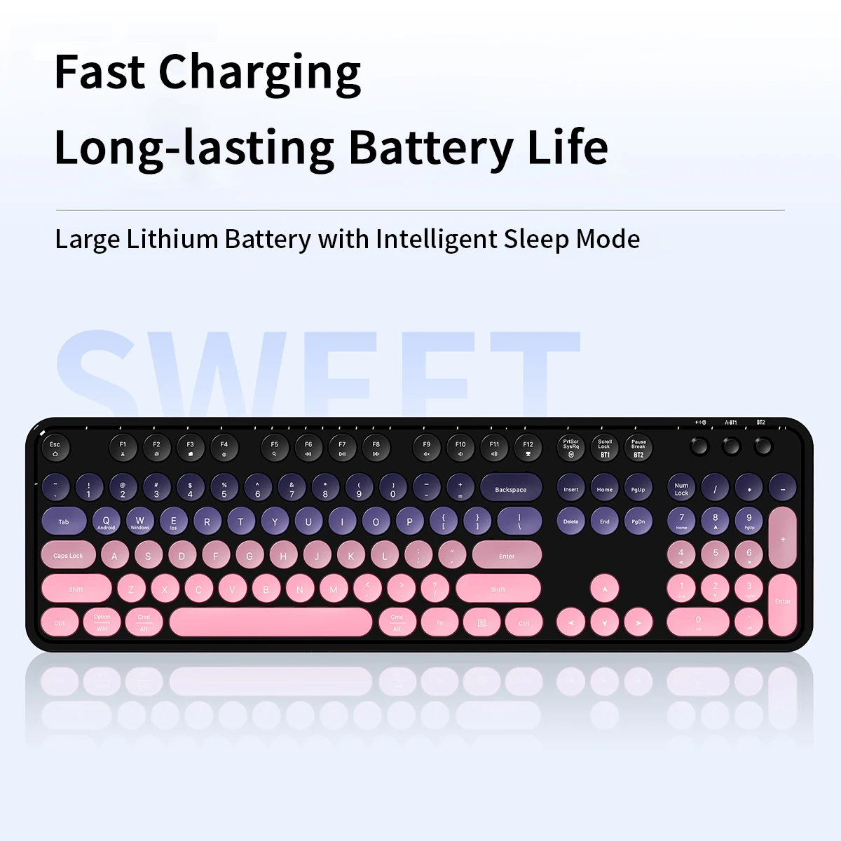 MOFii Black Pink Cat Ear Dual-Mode Wireless Combo, Retro Round Keycaps Rechargeable Ergonomic Set for Laptop Desktop
