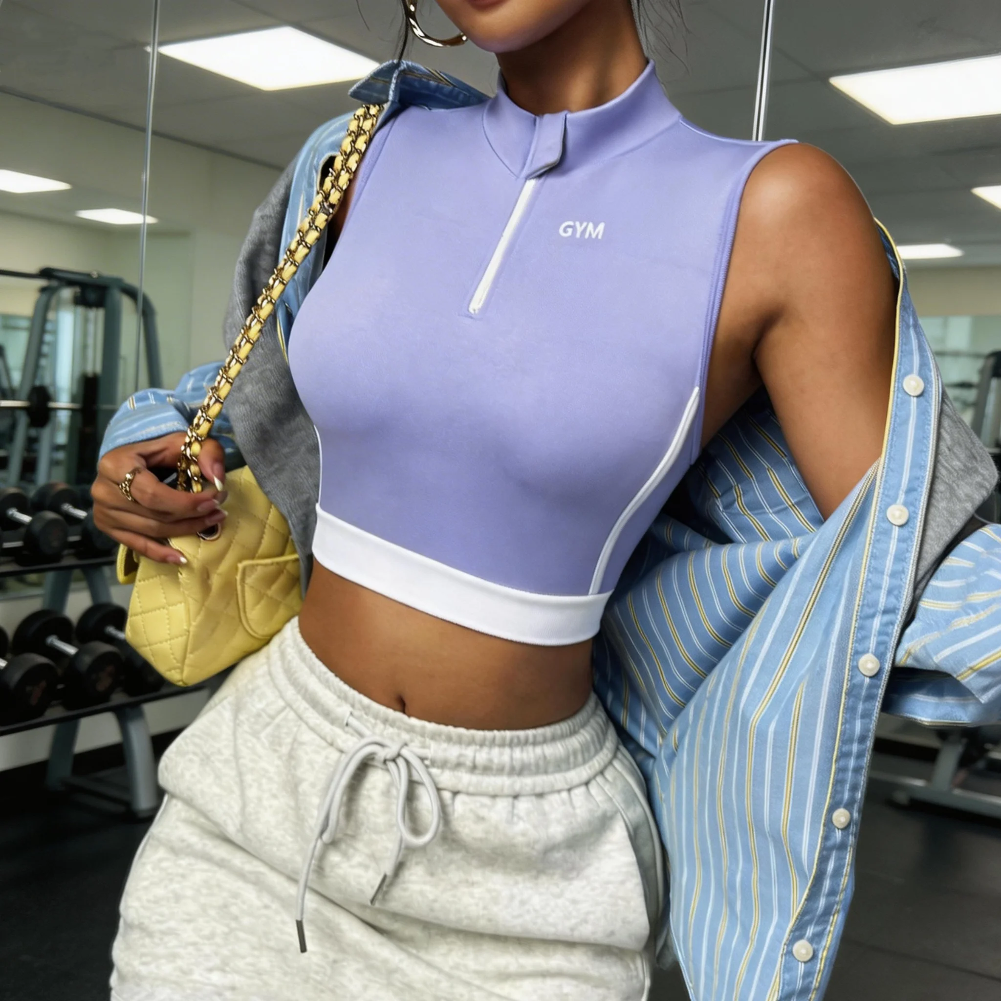 

Zip-Up Mock Neck Sports Top Women's Hollow Back Light Support Gym Yoga Activewear Crop Top Breathable Fabric Top