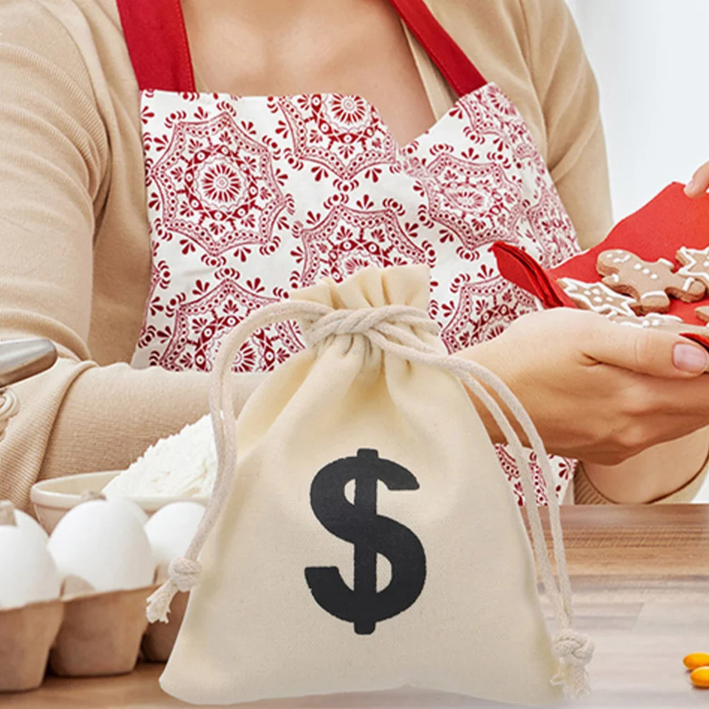 

5Pcs Canvas Money Bags Drawstring Closure Beige Party Favor Bags Pirate Costume Halloween Prop Drawstring Money Bag