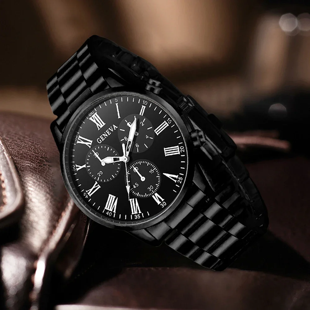 Men's Watch Set Business Trend Fashion Roman Digital Scale Dial Quartz Watch Bracelet Necklace Ring Set Perfect Gift - view 3