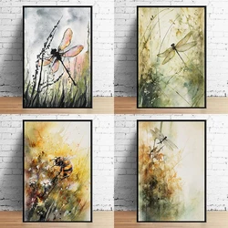 Dragonfly Honey Bee Dragonfly Watercolor Insects and Plants Poster Canvas Painting Nature Wall Art Picture Office Home Decor
