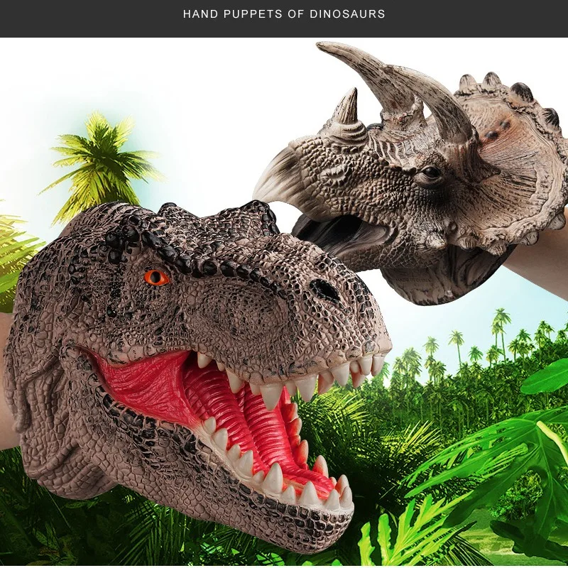 Dinossauro fantoches de mão luvas brinquedos de borracha macia simulação animal tubarão tigre modelos hipopótamo figura para crianças assustando piadas brinquedos