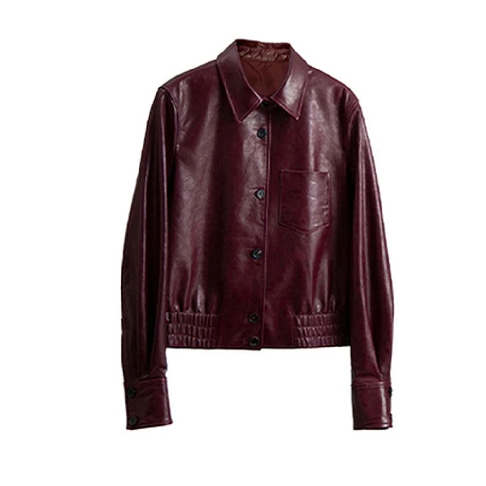 xinglilai Giacca in pelle femminile con risvolto piccolo in pelle di pecora per donna stile corto nuovo cappotto in vera pelle inverno autunno vino rosso cappotto