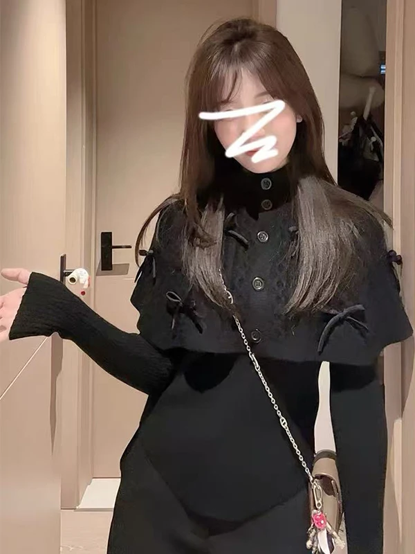 

Korean Sle Red Cloak oulder Wrap Sweater Women's Winter High-End Knitted Top And Bot Set Faionable Ladies' Outfit