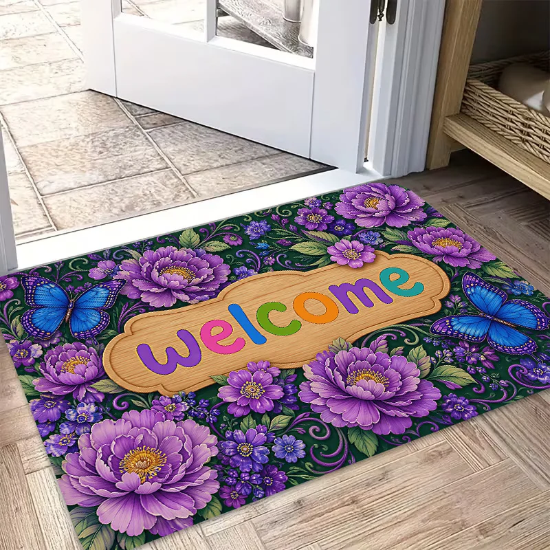Purple Galaxy Big Glowing Butterfly Non Slip Doormat Magical Dreamy Floral Front Entrance Rug Indoor Outdoor Home Floor Decor