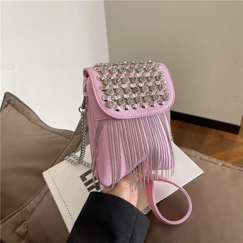 Tassel Shoulder Bag Solid Color Pu Leather Lady Bag 2024 Luxury Studded Diamond Handbag Fashion Mini Small Crossbody Phone Bag