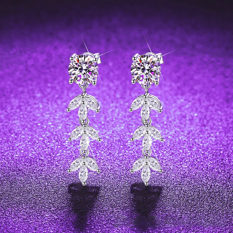 

S925 Sterling Silver Plated White Gold 1CT D Color Moissanite Maple Leaf Tassel Women's Earrings. Exquisite Jewelry.