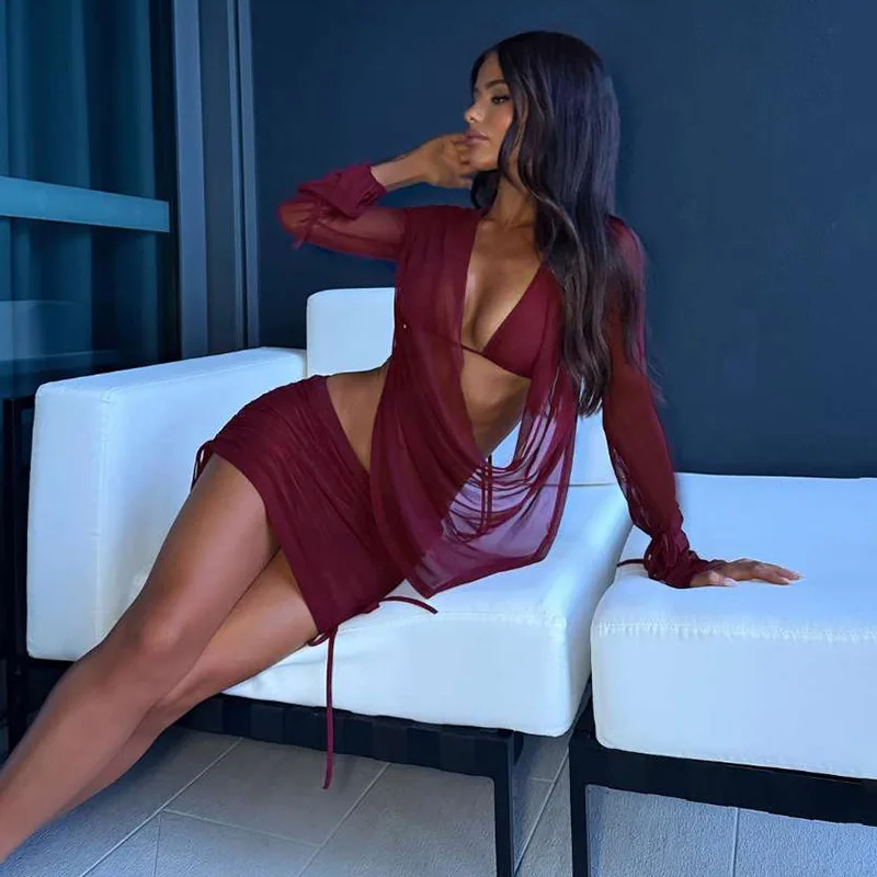

Women See Through Mesh 3 Piece Set Lace Up Bra + Swinging Collar Long Sleeve Backless Shirt Tops + Drawstring Ruched Mini Skirts