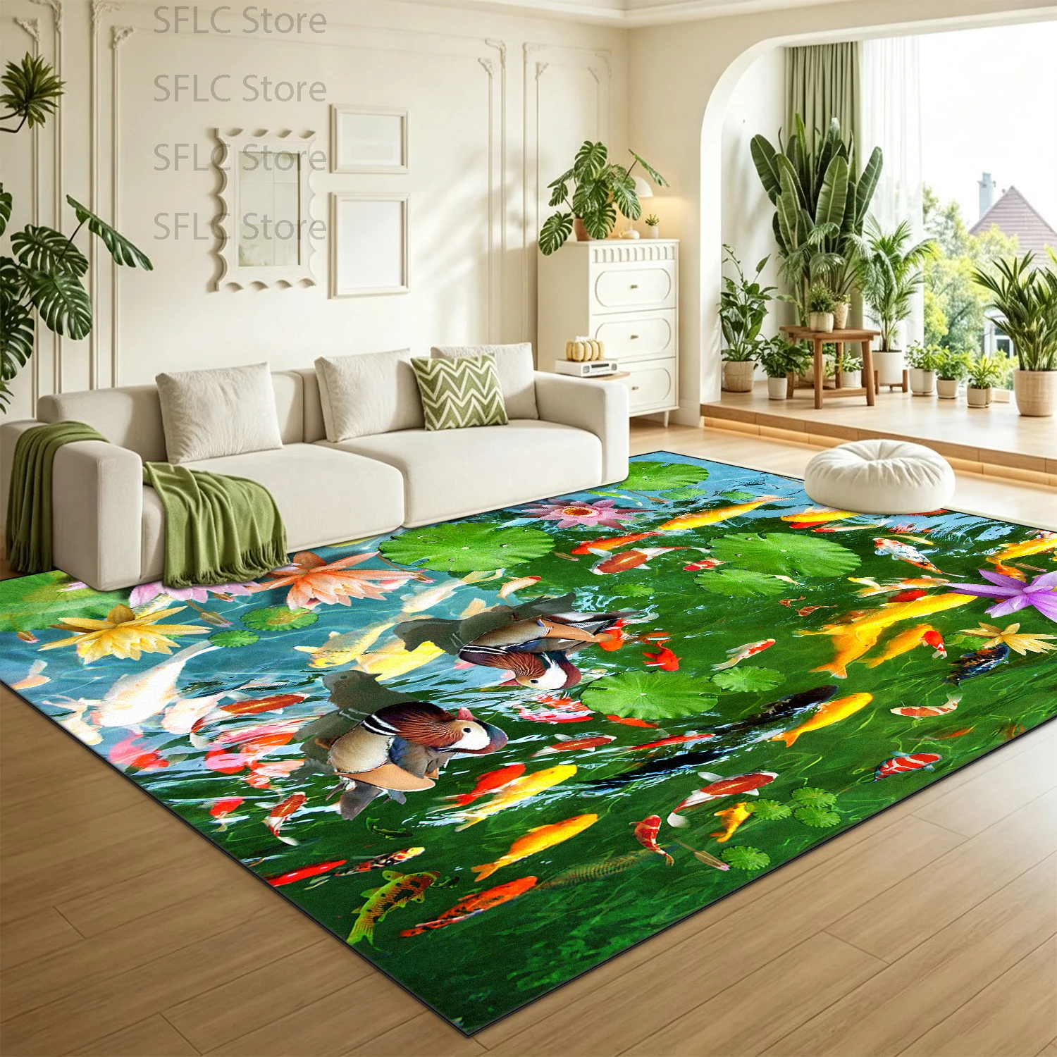 3D Lotus Pond Koi Print Hotel Lobby Carpet Non-slip Washable Office Decoration Rug Soft Fluffy Bedroom Living Room Floor Mats